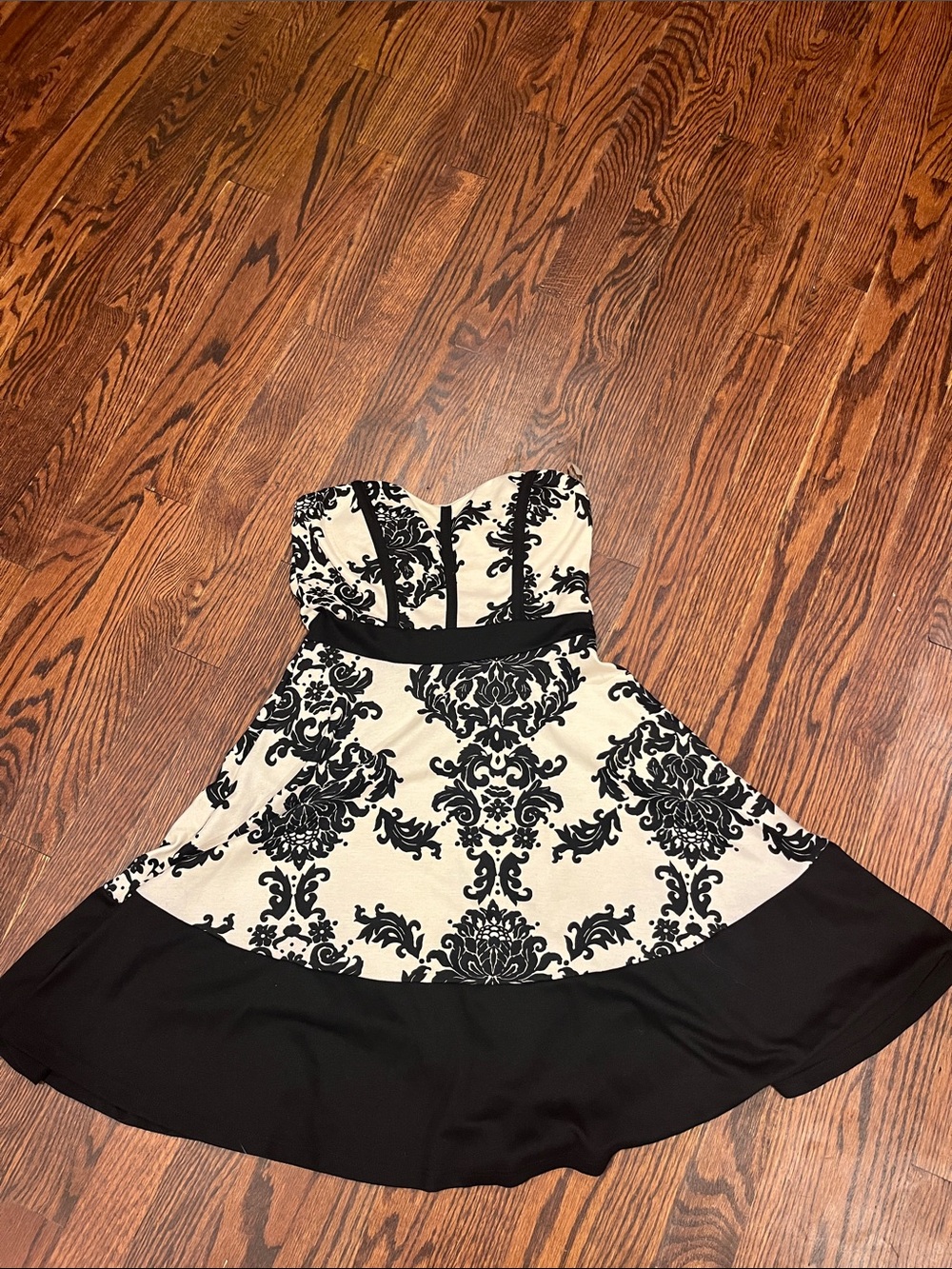 Cream and Black Strapless Kids Party Dress with Damask Print